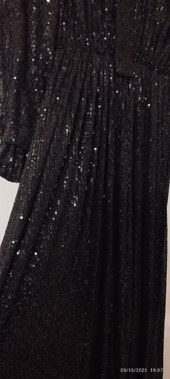 Siyah Parlak Uzun Kollu Abiye Elbise - Görsel 2