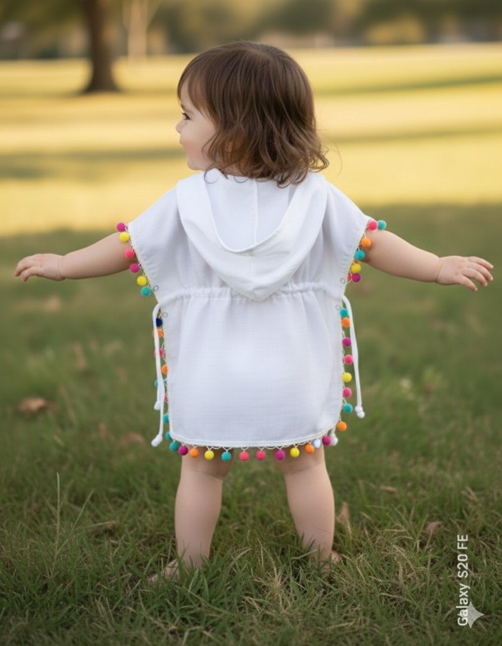Renkli Püsküllü Beyaz Pamuklu Kız Çocuk Panço - Görsel 4