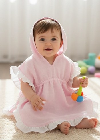 Kız Çocuk Pembe Kapüşonlu Bornoz - Görsel 5