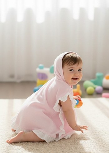 Kız Çocuk Pembe Kapüşonlu Bornoz - Görsel 3