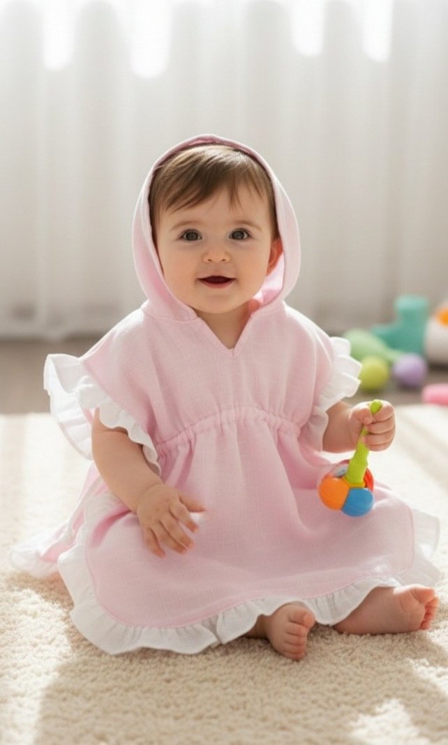 Kız Çocuk Pembe Kapüşonlu Bornoz - Görsel 5