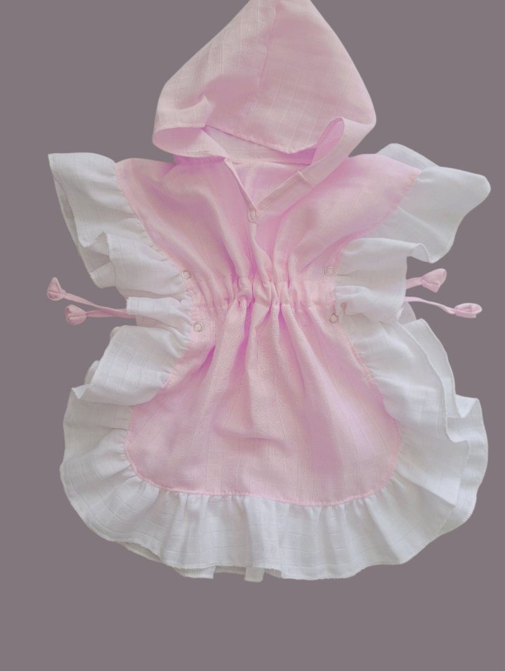Kız Çocuk Pembe Fırfırlı müslin Panço - Görsel 4