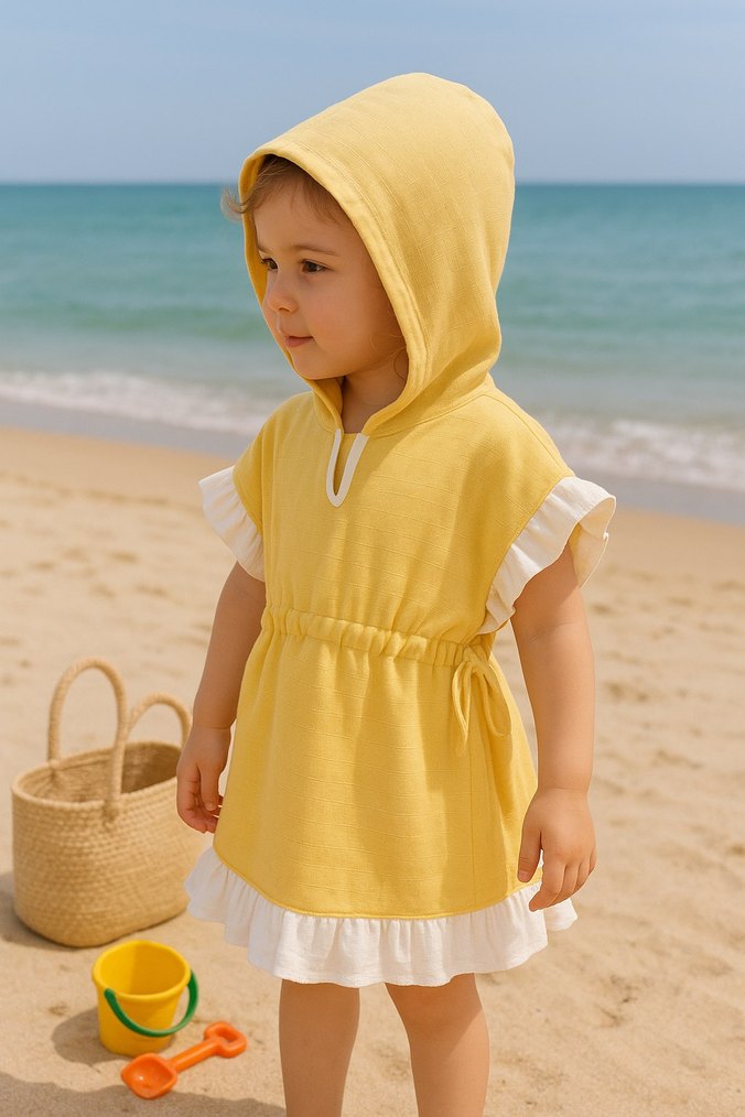 Kız Çocuk Sarı Kapüşonlu Fırfırlı Panço - Görsel 2