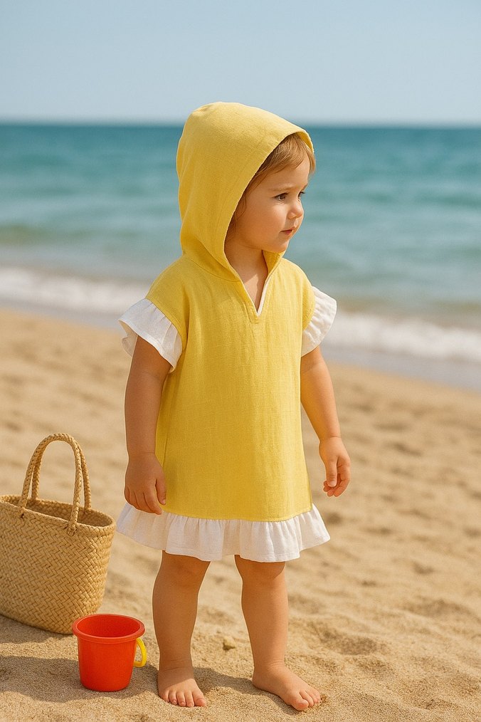 Kız Çocuk Sarı Kapüşonlu Fırfırlı Panço - Görsel 3