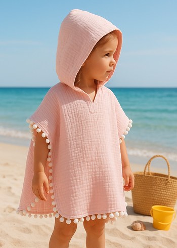 Kız Çocuk Pembe Poncho Püsküllü - Görsel 5