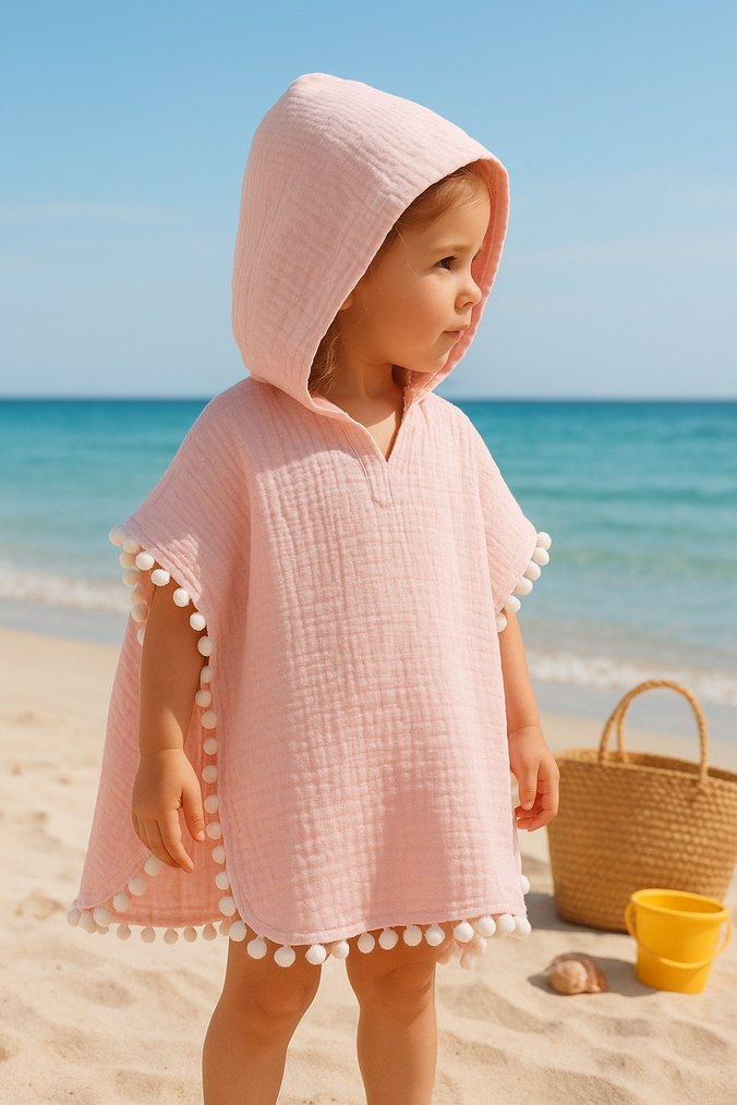 Kız Çocuk Pembe Poncho Püsküllü - Görsel 5