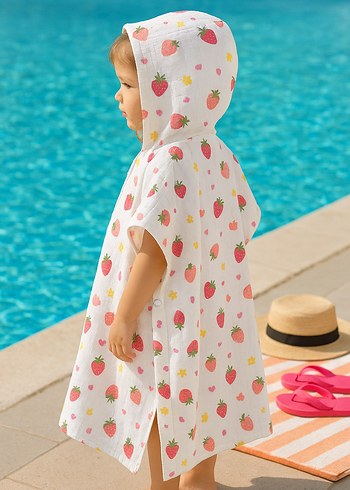 Kız Çocuk Beyaz Çilek Desenli Kapüşonlu Panço - Görsel 3