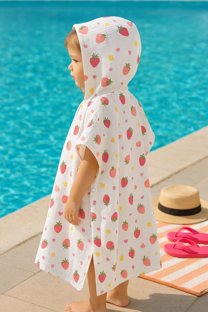 Kız Çocuk Beyaz Çilek Desenli Kapüşonlu Panço - Görsel 3