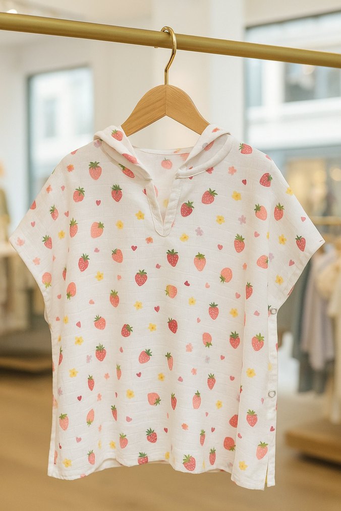 Kız Çocuk Beyaz Çilek Desenli Kapüşonlu Panço - Görsel 2