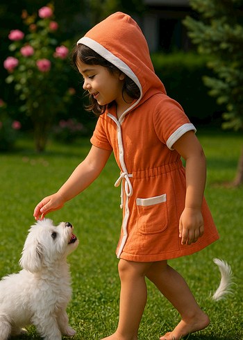 Kız Çocuk Turuncu Kapüşonlu Panço - Görsel 5