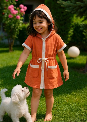 Kız Çocuk Turuncu Kapüşonlu Panço - Görsel 3