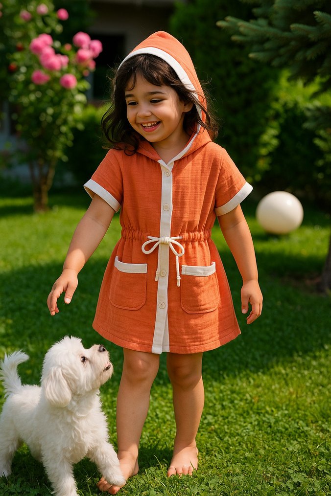 Kız Çocuk Turuncu Kapüşonlu Panço - Görsel 3