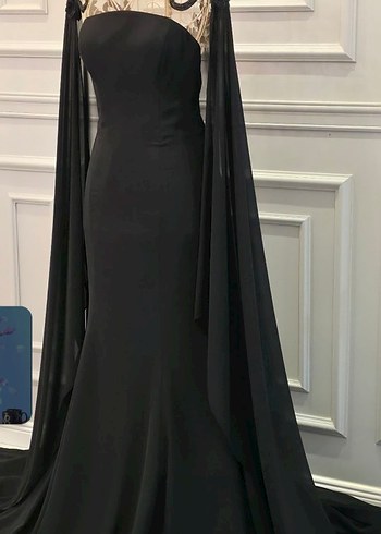 Klasik Siyah Uzun Drape Detaylı Tasarım Abiye Elbise