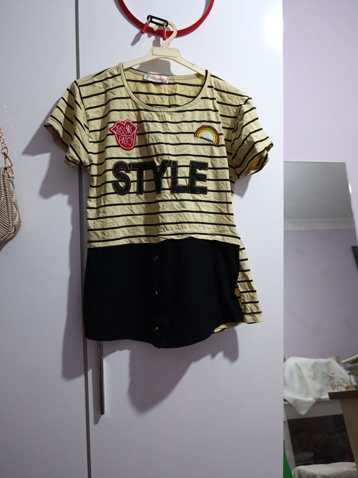 Kız Çocuk Çizgili Kısa Kollu Tişört - Görsel 4