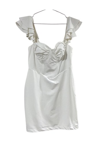 Beyaz V Yaka Mini Saten Elbise - Görsel 2