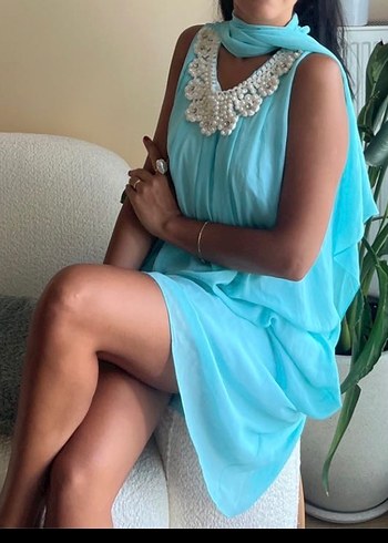 Turkuaz Bohem inci Nakışlı Uzun Elbise - Görsel 4