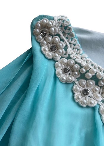 Turkuaz Bohem inci Nakışlı Uzun Elbise - Görsel 3