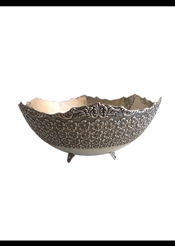 Gümüş Kaplama Çiçek İşlemeli Yuvarlak Sunumluk - Görsel 2