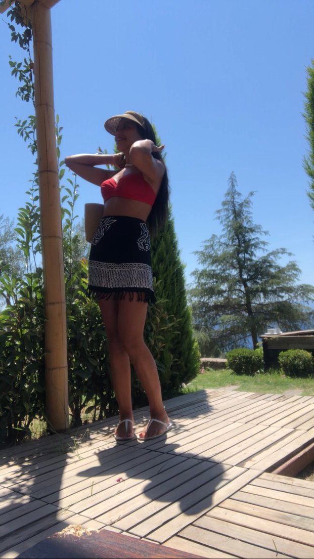 Püsküllü ayarlanabilir keten pareo etek - Görsel 3