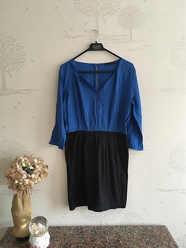 Mavi siyah vintage kalem elbise
