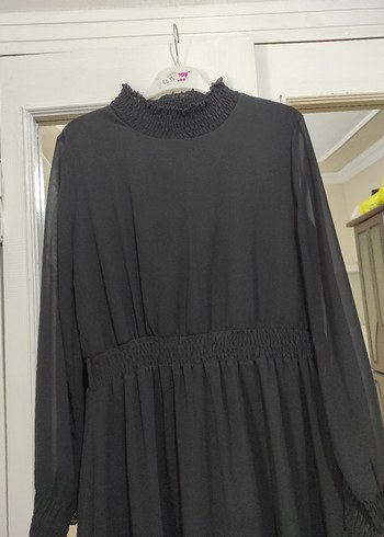 siyah kol tül detaylı jifon elbise 40.42 beden uyumlu - Görsel 3