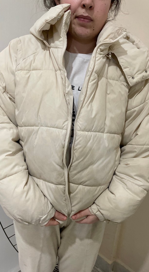 Beyaz Puff Mont, Yüksek Yaka, Midi Boy - Görsel 2