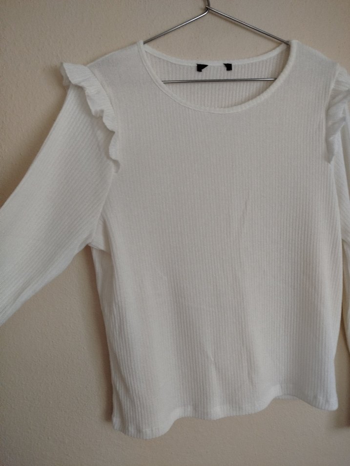 Kadın Beyaz Pamuklu Fırfırlı Sweatshirt - Görsel 3