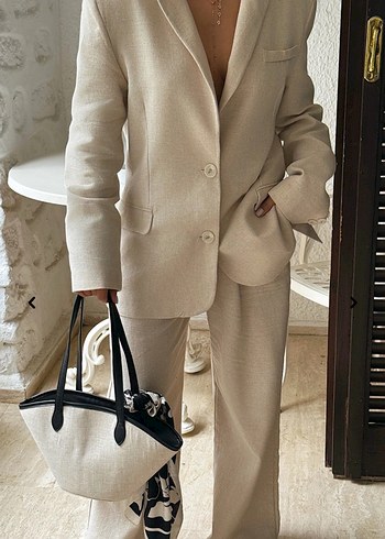 Eyyo Bej Keten Kadın Blazer takım - Görsel 6