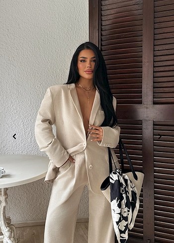 Eyyo Bej Keten Kadın Blazer takım - Görsel 7