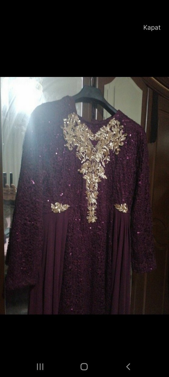 Uzun Mürdüm İşlemeli Kadın Abiye Elbise - Görsel 4