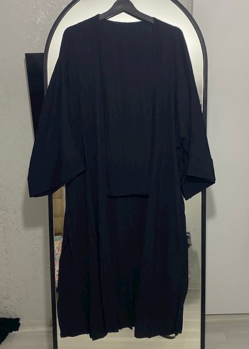 Uzun Siyah Keten Kadın Kimono Takım