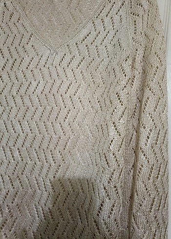 Bej V Yaka Örgü Kadın Kazak - Görsel 3