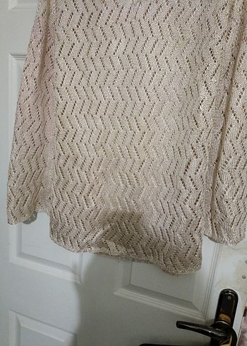 Bej V Yaka Örgü Kadın Kazak - Görsel 2