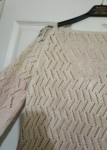 Bej V Yaka Örgü Kadın Kazak - Görsel 5
