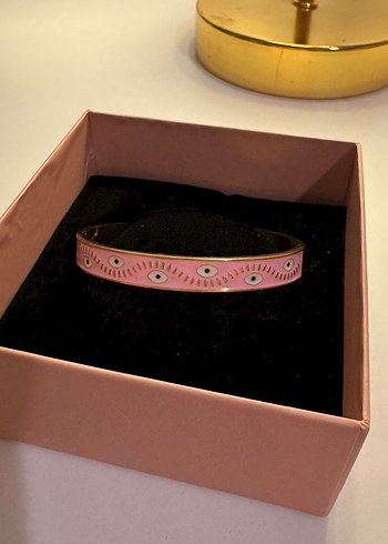 Göz Detayli Pembe - Altin Renk Celik Bileklik - Görsel 5