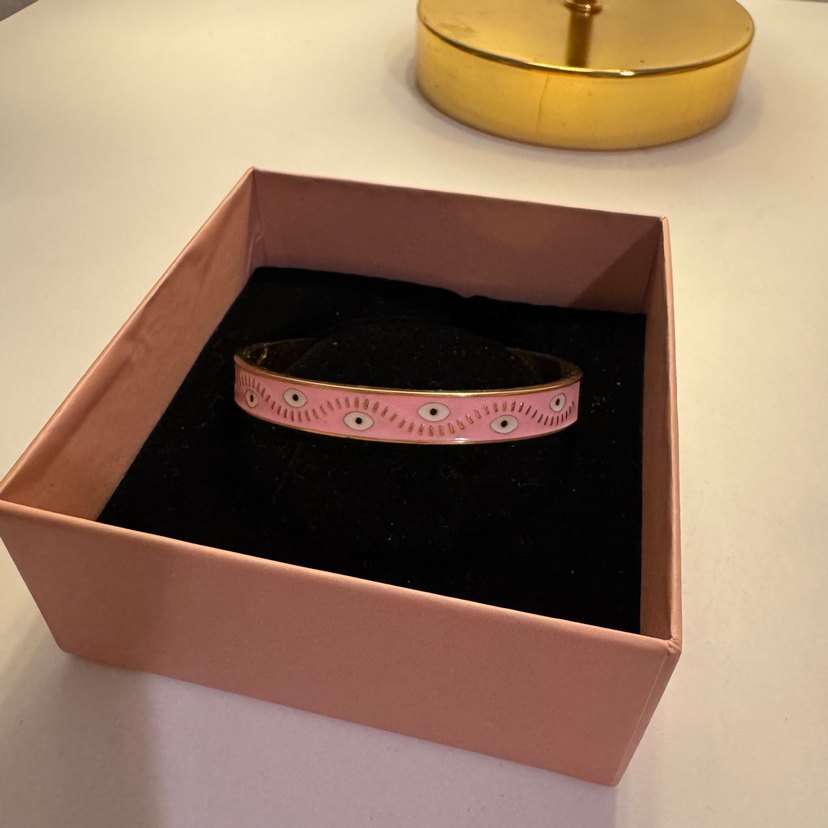 Göz Detayli Pembe - Altin Renk Celik Bileklik - Görsel 5