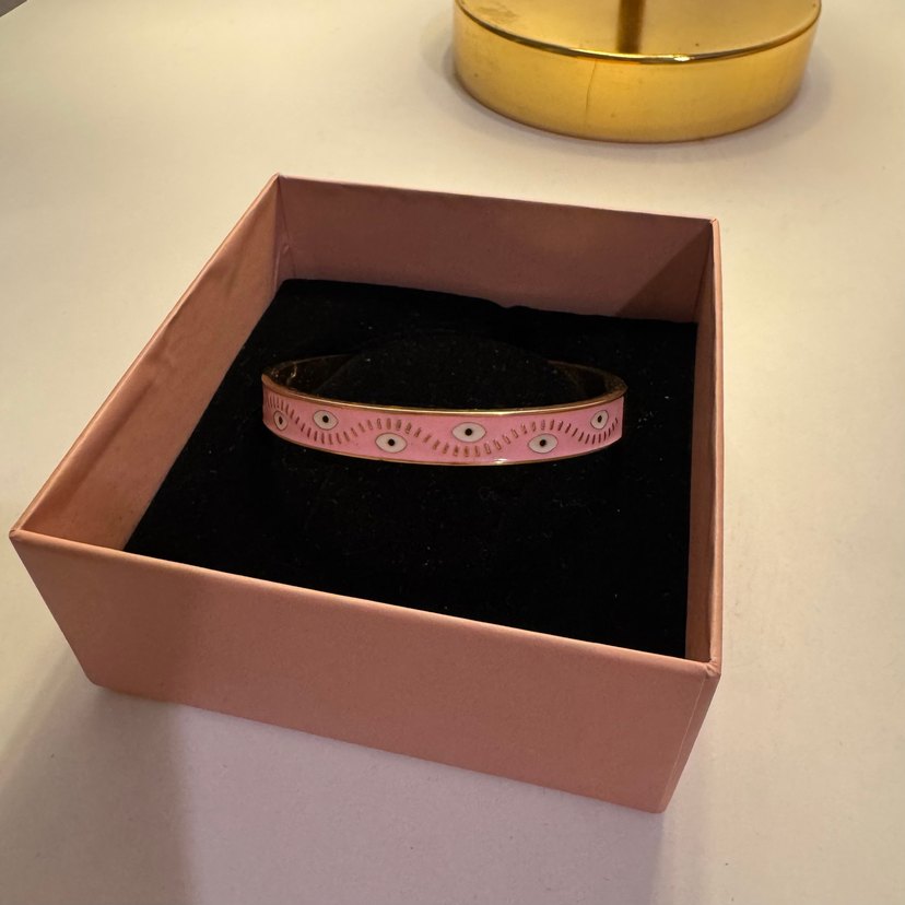 Göz Detayli Pembe - Altin Renk Celik Bileklik - Görsel 2