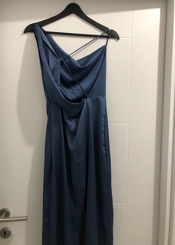 Lacivert Drapeli Uzun Askılı Abiye Elbise - Görsel 3