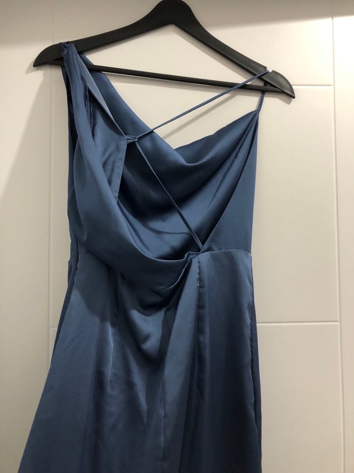 Lacivert Drapeli Uzun Askılı Abiye Elbise - Görsel 4