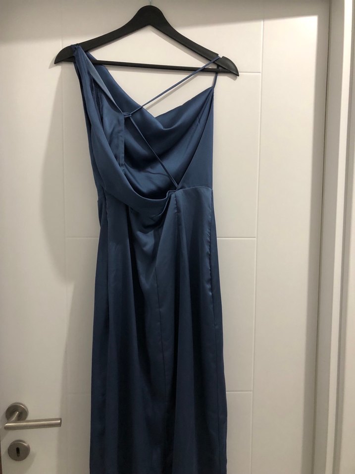 Lacivert Drapeli Uzun Askılı Abiye Elbise - Görsel 3