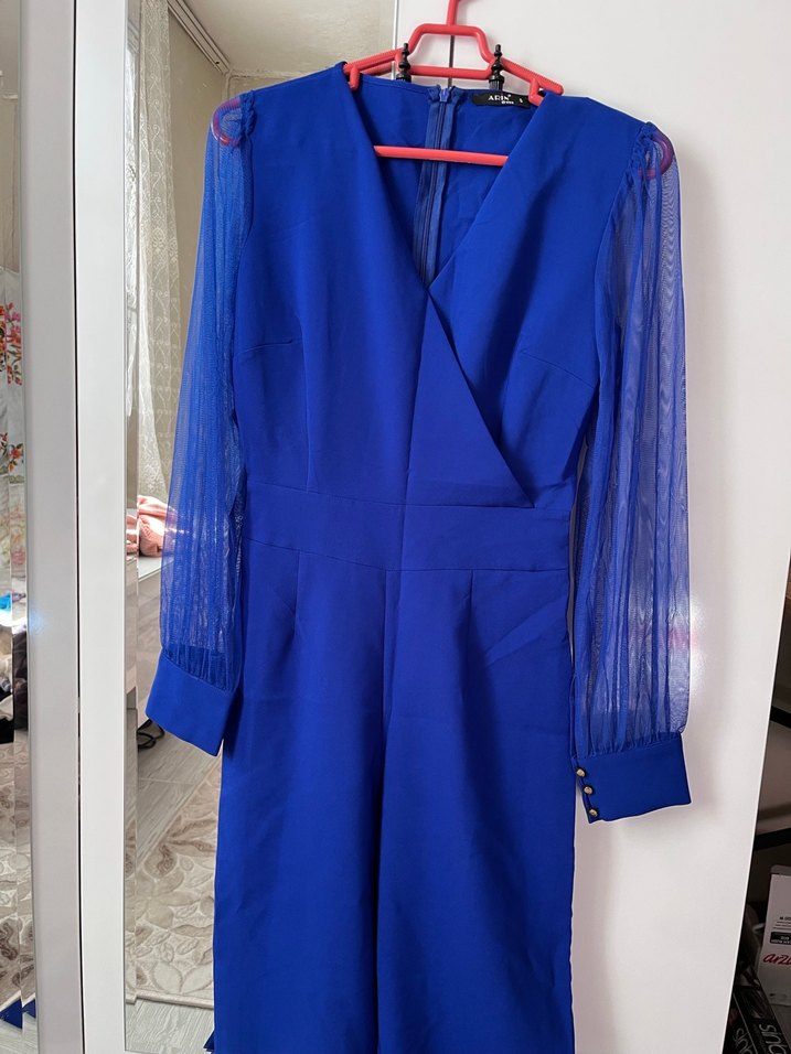 Uzun Kollu Mavi Kadın Tulum - Görsel 3