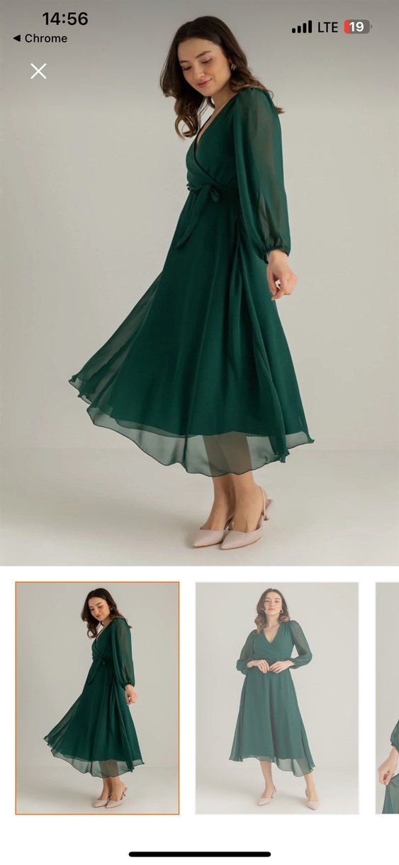 Çam Yeşili Kruvaze Yaka Uzun Elbise - Görsel 4