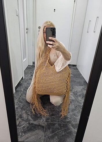 Beden camel Renk Saçaklı file büyük boy örgü çanta