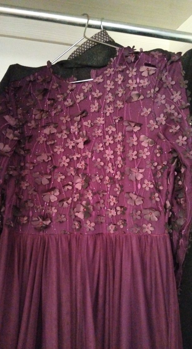 Uzun Kollu Mor İşlemeli Kadın Abiye - Görsel 2