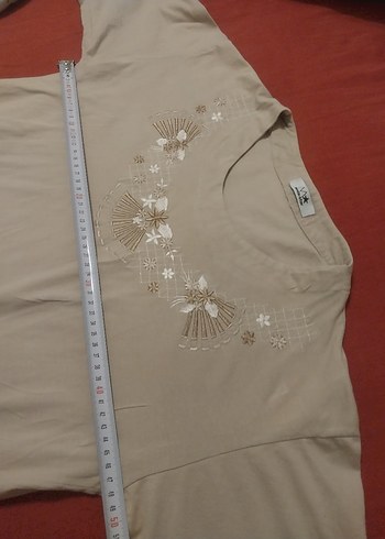 Nakışlı, kısa kollu, bej kadın bluz - Görsel 5