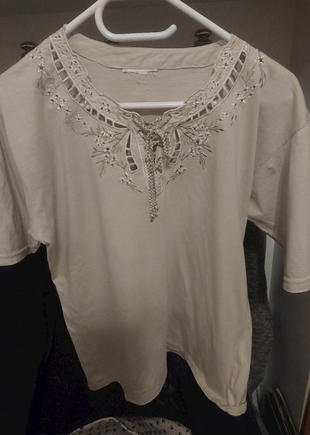 Nakışlı, kısa kollu, bej kadın bluz - Görsel 10