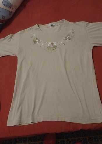 Nakışlı, kısa kollu, bej kadın bluz - Görsel 6