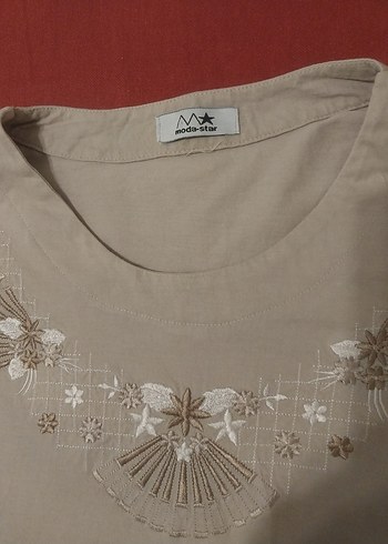 Nakışlı, kısa kollu, bej kadın bluz - Görsel 7