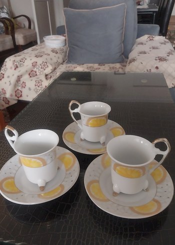 Sarı Desenli 3'lü Porselen Fincan Takımı
