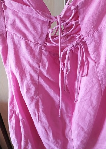 Pembe Keten Midi V Yaka Drapeli Elbise - Görsel 2